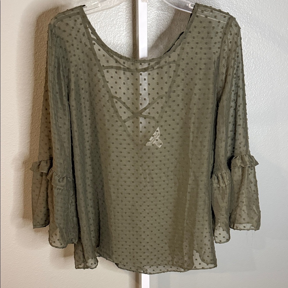 krazy kat Olive Green Swiss Dot Ruffle Sleeve Sheer Blouse